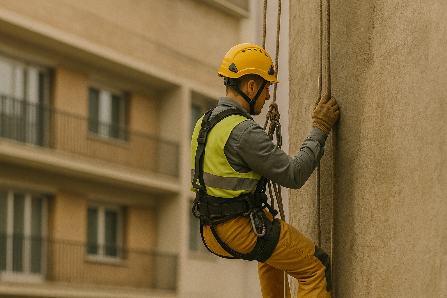 Trabajadores realizando trabajos verticales en fachada